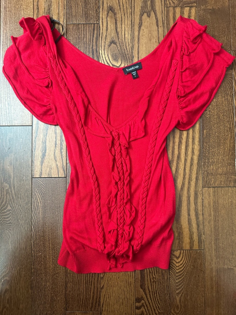 bebe Bright Red Braided Ruffle Short Sleeve Knit Top